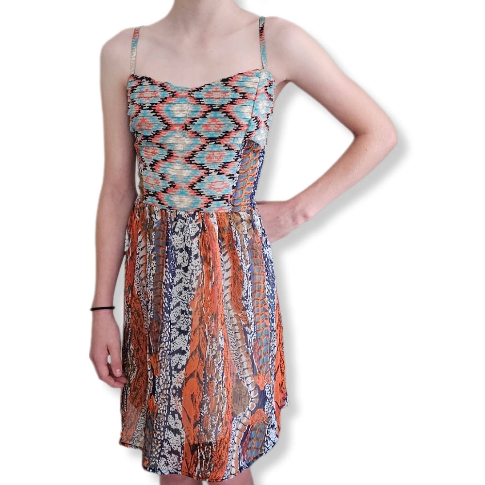 Band of Gypsies Aztec Print Spaghett Strap Ruched Back Lined Dress XS NEW W-642
